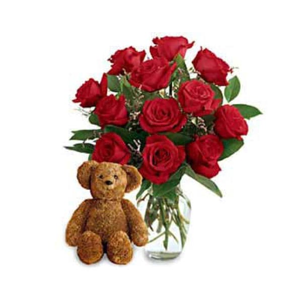 Twelve Premium Long Stemmed Roses with a Bear